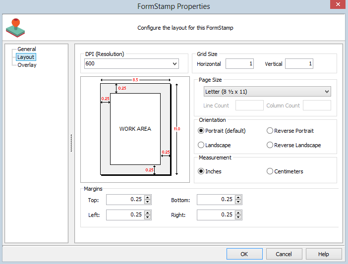 Form stamp properties dialog. Layout is selected in the tree on the left. On the right, you can select the resolution, the grid size, page size, orientation, and margins.